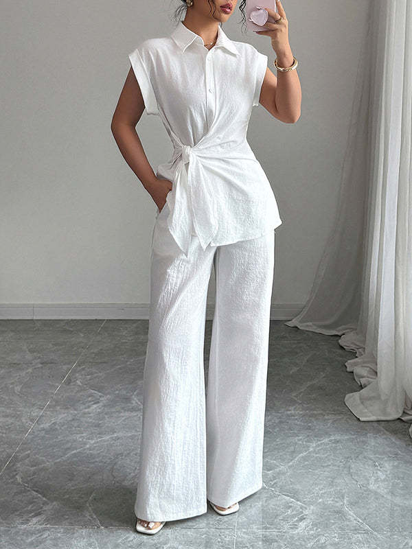 Short Sleeves Buttoned Solid Color Tied Lapel T-Shirt Top + Pockets Pants Bottom Two Pieces Set