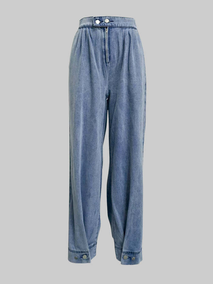 Loose Buttoned Solid Color Zipper Jean Pants Bottoms Knickerbockers Trousers