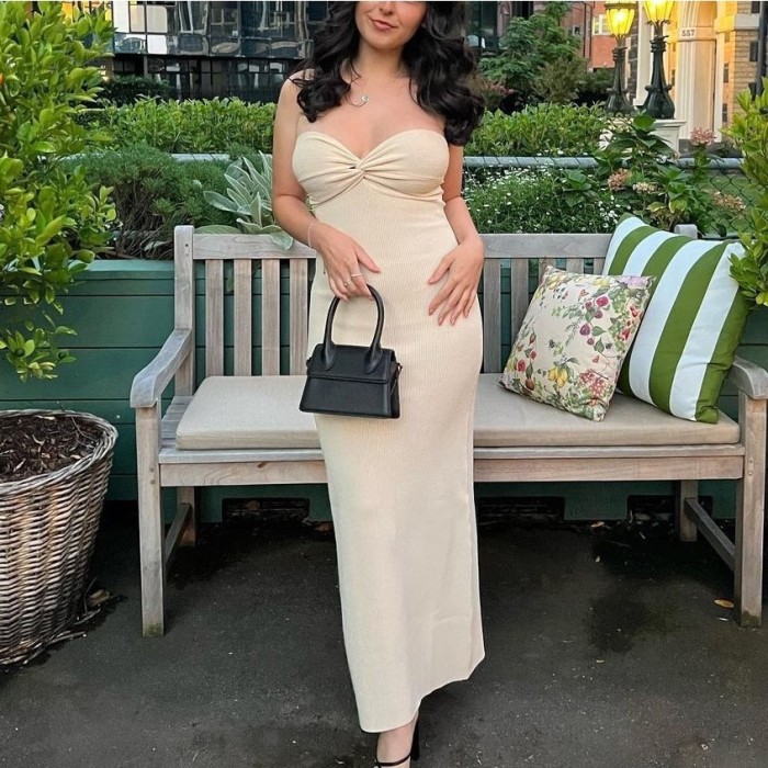 Butterscotch Knitted Twist Knot Front Tube Maxi Dress
