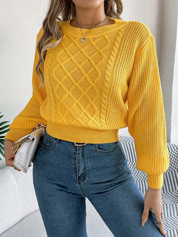 Elasticated Waist Long Sleeves Cable Knit Solid Color Round-Neck Knit Top Sweater Tops