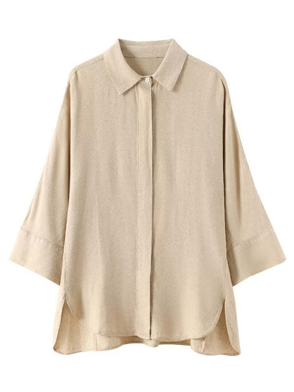 Loose Solid Color Split-Joint Split-Side Lapel Blouse + Elasticity Pleated Pants Trousers Two Pieces Set