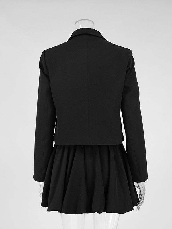 Solid Color Split-Joint Lapel Long Sleeves Blazer Suits + Pleated Mini Skirts Two Pieces Set