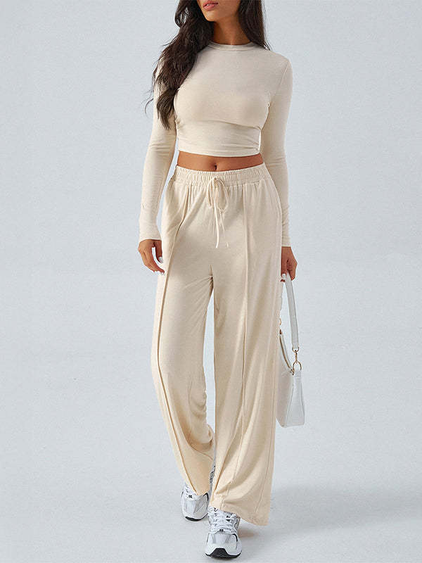 Long Sleeves Loose Solid Color Round-Neck T-Shirt Top + Drawstring Elasticity Pockets Pants Bottom Two Pieces Set