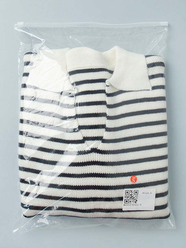Long Sleeves Loose Split-Joint Striped Lapel Sweater Tops