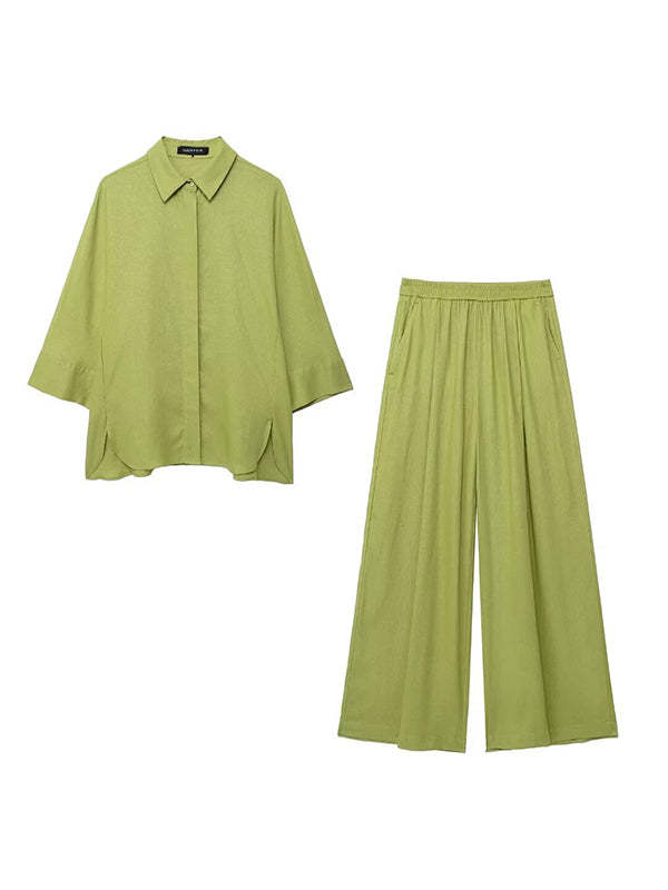 Loose Solid Color Split-Joint Split-Side Lapel Blouse + Elasticity Pleated Pants Trousers Two Pieces Set