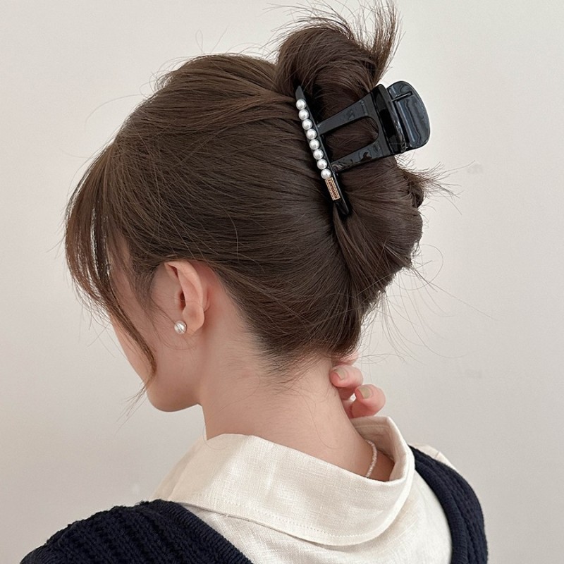 Black Pearl Accent Shark Clip ⚫✨ | Elegant Minimalist Hair Claw for Thick Hair