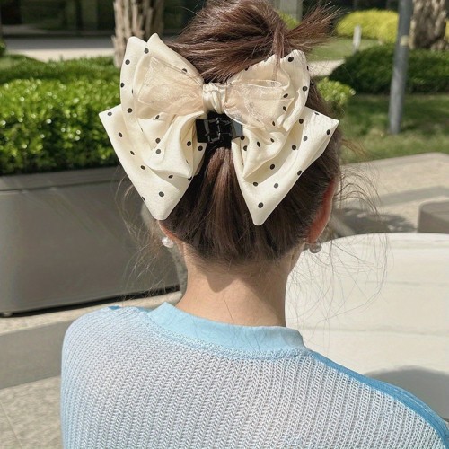 Elegant Large Polka Dot Bow Claw Clip for Women - High-End Fabric Hair Accessory with Secure Hold, Perfect for Ponytails & Updos, Stylish Back of Head Hairpiece, Ponytail Hair Clip