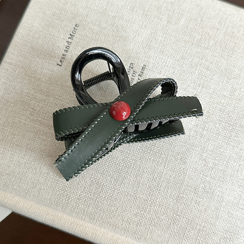 High-End Versatile French-Style Vintage Hair Clip with Red PU Leather Bow, Shark Clip Hair Accessory