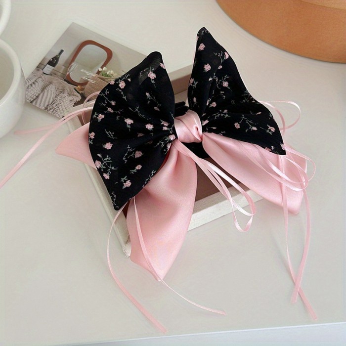 Large Korean Hair Clip - Elegant Floral-like bow with, Shark Clip for Half-Updos, Ponytails, Buns - Wedding, Party, Everyday Hairstyles - 's Hair (Black\u002FPink)
