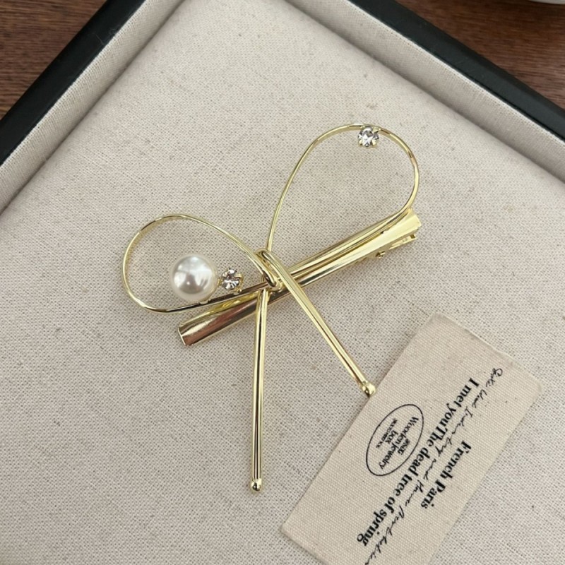 Metal Bowknot & Imitation Pearl Hair Clip - Hollow-Out Duckbill Side Barrettes with Hold, Minimalist Elegant Hairpin for, Casual & Formal Hairstyles, Brown Hair Accent Clip (Single Piece), 's Hair, Women'S Fashion