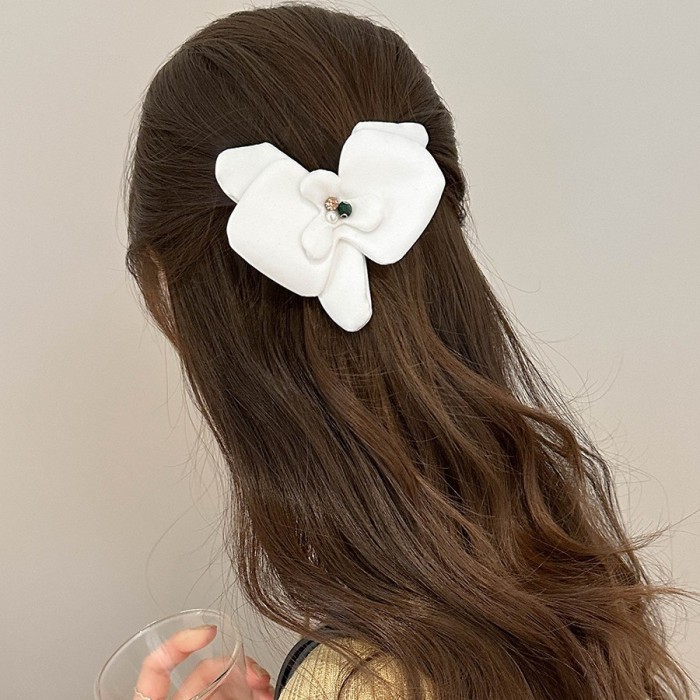 Sweet Floral Satin Hair Clip 🌸 | Pearl & Rhinestone Accent Top Clip