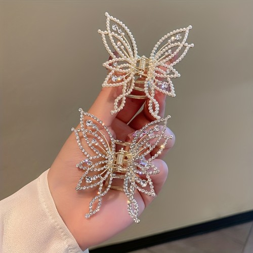 2pcs Butterfly Claw Hair Clips - Metal Shark Clip with Rhinestone-Adorned Butterfly Wing Design, Secure Hold for Elegant Buns & Casual Hairstyles, Wedding, Party & Formal Event Hair for Women, Bohemian & Sophisticated Style (Durable Metal