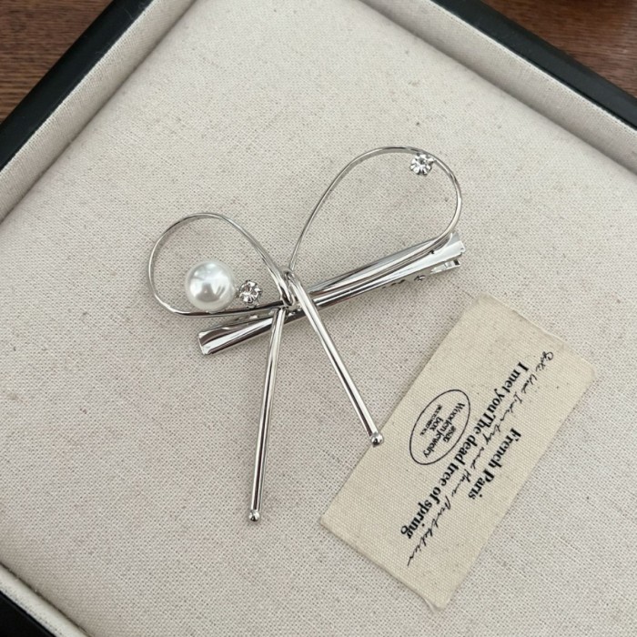 Metal Bowknot & Imitation Pearl Hair Clip - Hollow-Out Duckbill Side Barrettes with Hold, Minimalist Elegant Hairpin for, Casual & Formal Hairstyles, Brown Hair Accent Clip (Single Piece), 's Hair, Women'S Fashion