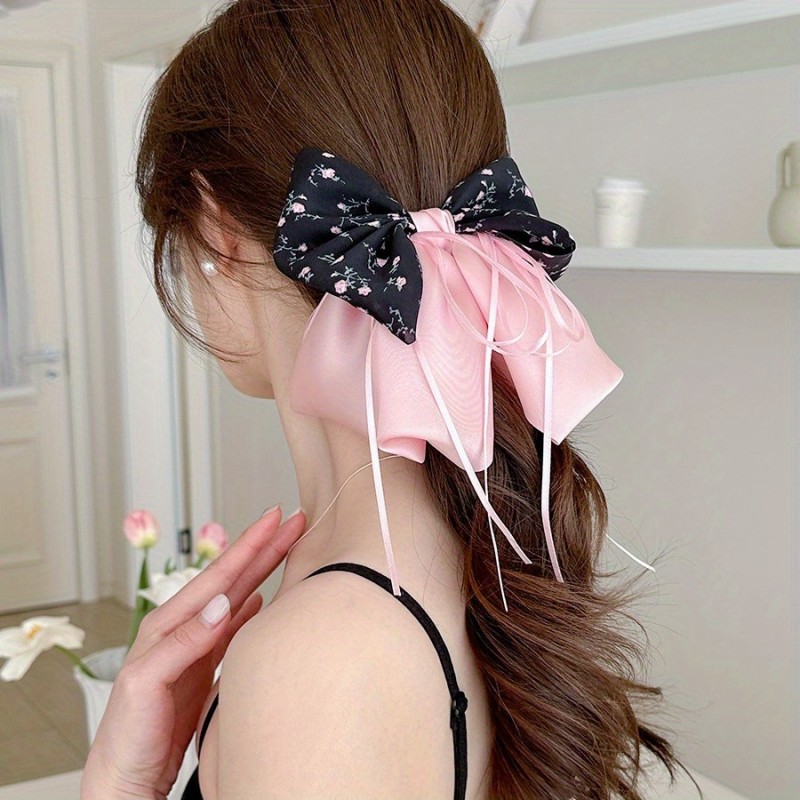 Large Korean Hair Clip - Elegant Floral-like bow with, Shark Clip for Half-Updos, Ponytails, Buns - Wedding, Party, Everyday Hairstyles - 's Hair (Black\u002FPink)