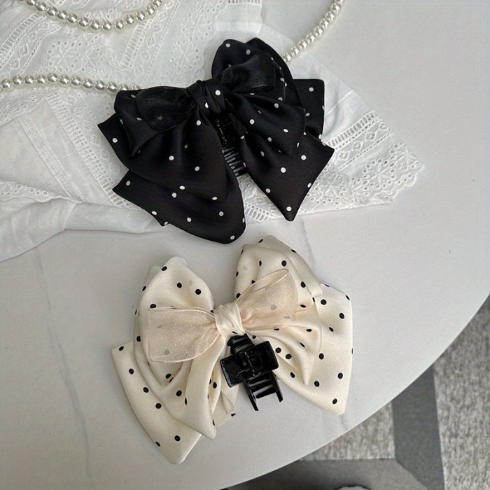 Elegant Large Polka Dot Bow Claw Clip for Women - High-End Fabric Hair Accessory with Secure Hold, Perfect for Ponytails & Updos, Stylish Back of Head Hairpiece, Ponytail Hair Clip