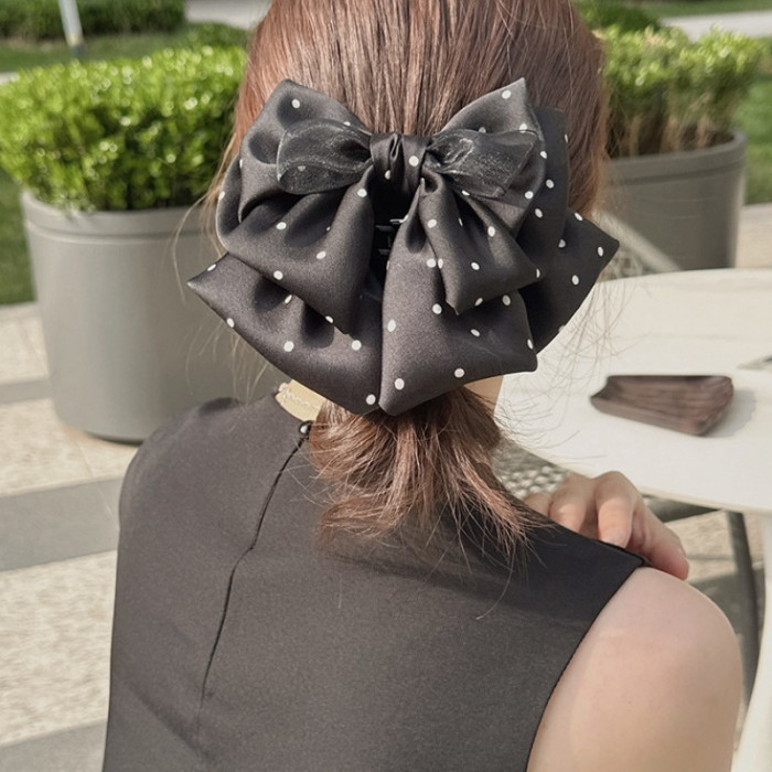 Elegant Large Polka Dot Bow Claw Clip for Women - High-End Fabric Hair Accessory with Secure Hold, Perfect for Ponytails & Updos, Stylish Back of Head Hairpiece, Ponytail Hair Clip