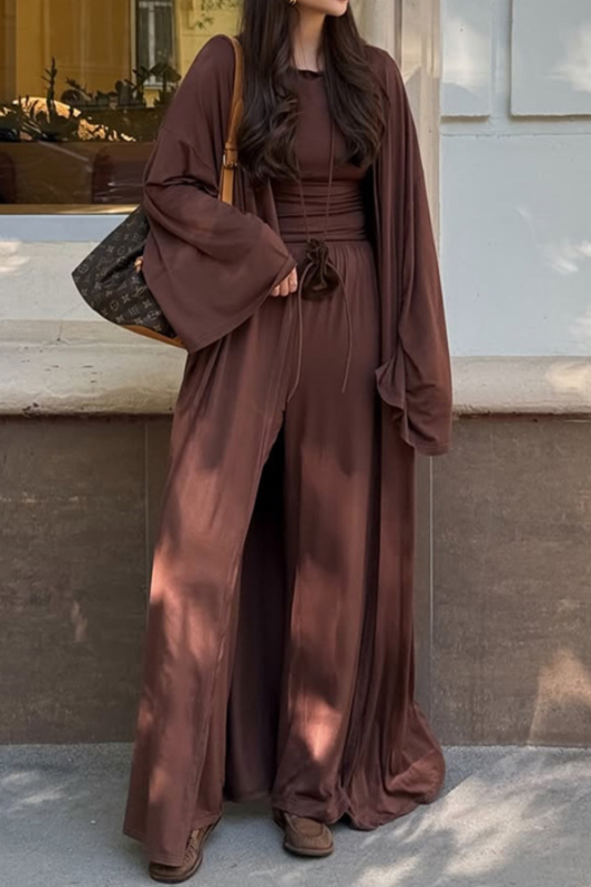Loose Long Sleeves Cardigan Coat + Round-Neck T-Shirts + Drawstring Elasticity Pants Three Pieces Set