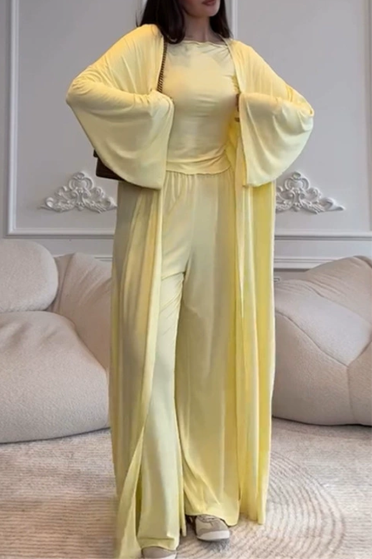Loose Long Sleeves Cardigan Coat + Round-Neck T-Shirts + Drawstring Elasticity Pants Three Pieces Set