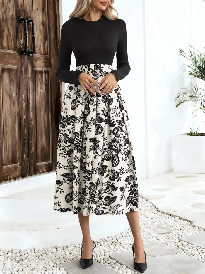 Printed Long Sleeve Midi Dress