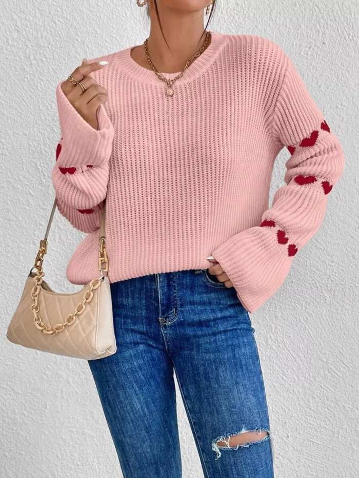 Heart Pattern Round Neck Sweater