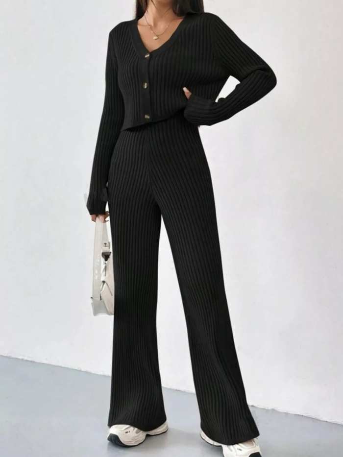 Ribbed Knit Button Up Top and Pants Set