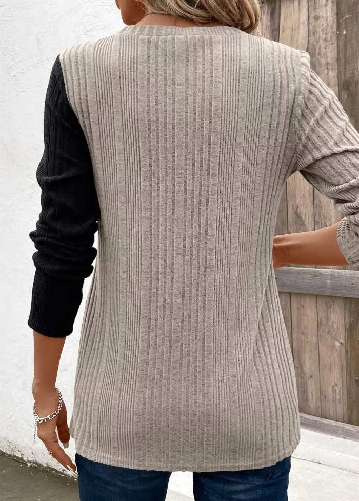 Color Block Ribbed Knit Decor Button T-Shirt