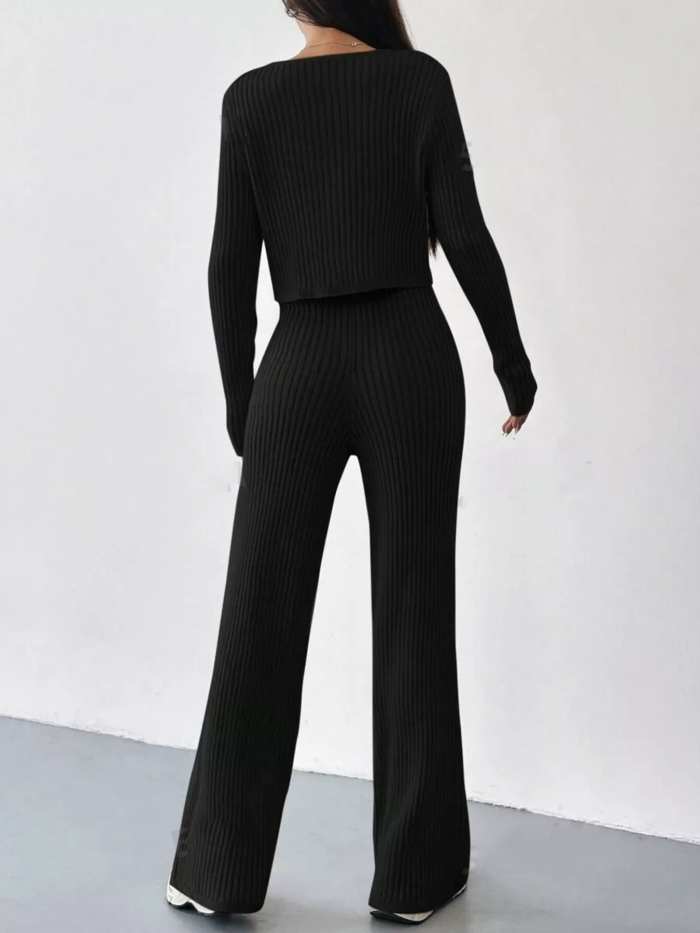Ribbed Knit Button Up Top and Pants Set