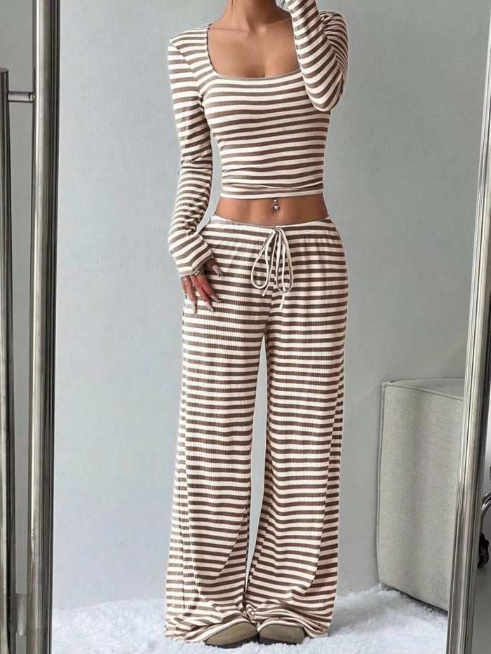 Striped Long Sleeve Crop Top and Wide Leg Pants Set