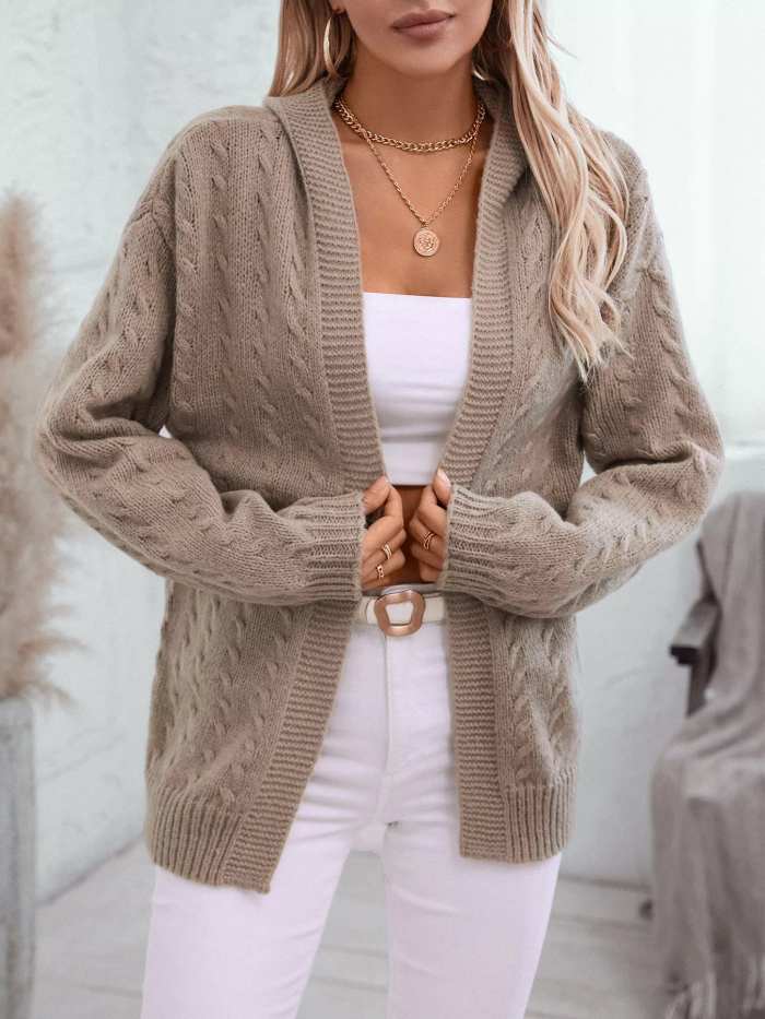 Cable Knit Open Front Hooded Cardigan