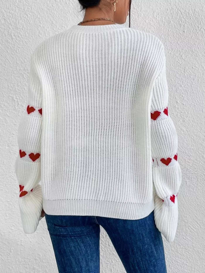 Heart Pattern Round Neck Sweater