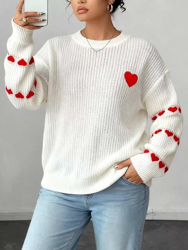 Heart Pattern Round Neck Sweater
