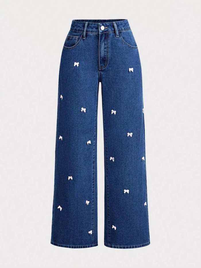 Bow-Embellished Wide Leg Jeans