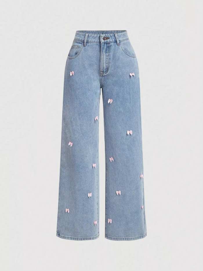 Bow-Embellished Wide Leg Jeans