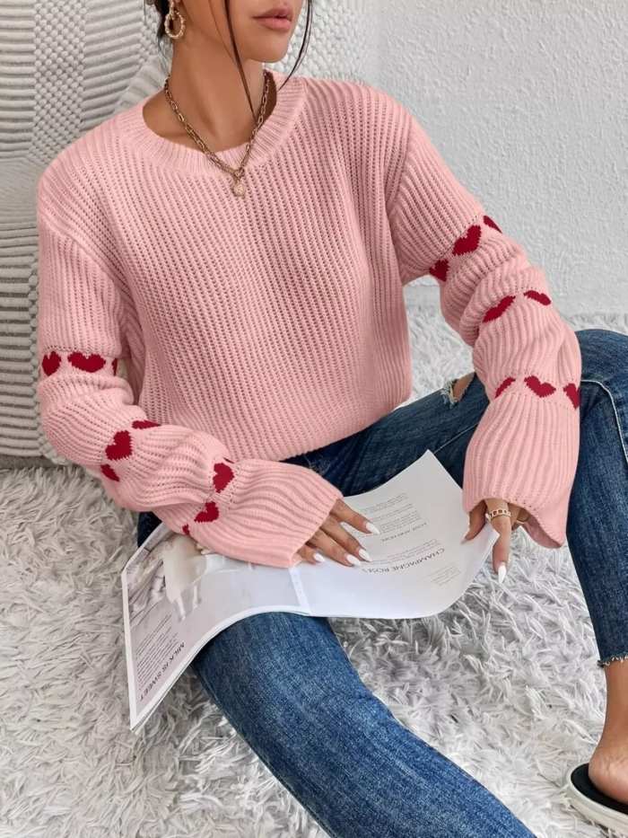 Heart Pattern Round Neck Sweater