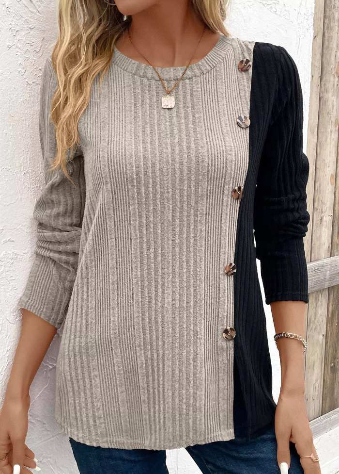 Color Block Ribbed Knit Decor Button T-Shirt