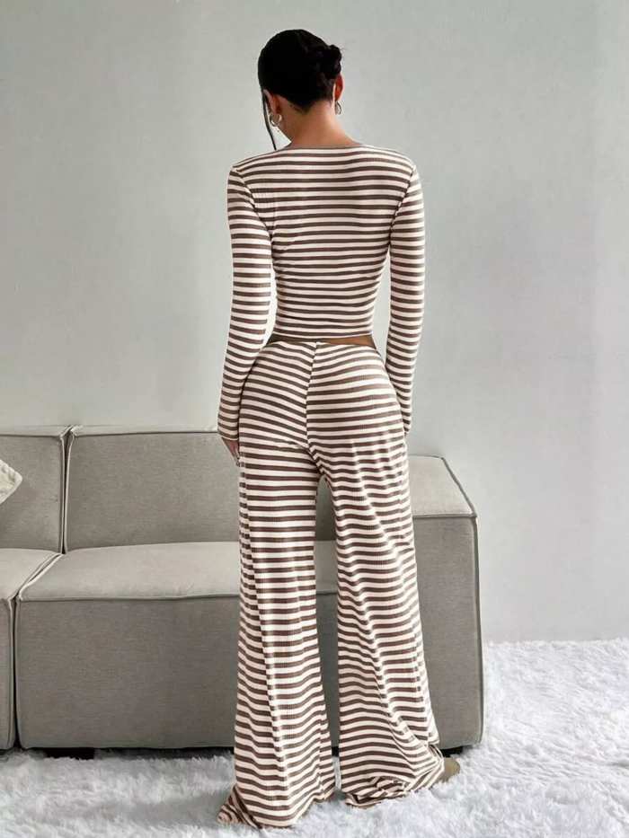 Striped Long Sleeve Crop Top and Wide Leg Pants Set
