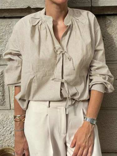 Striped Tie-Front Long Sleeve Shirt
