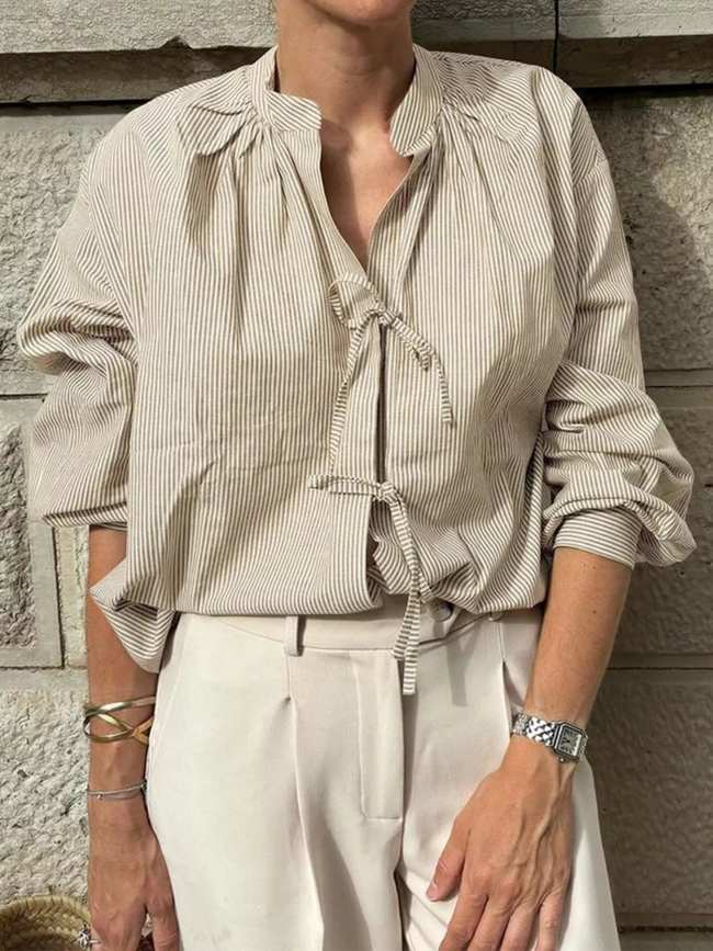Striped Tie-Front Long Sleeve Shirt