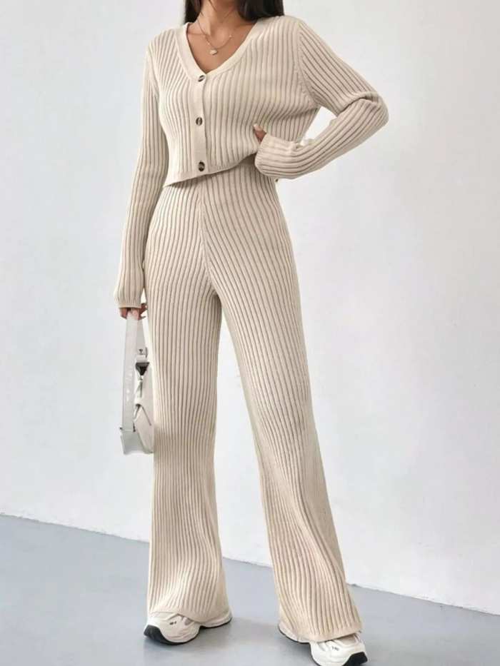 Ribbed Knit Button Up Top and Pants Set