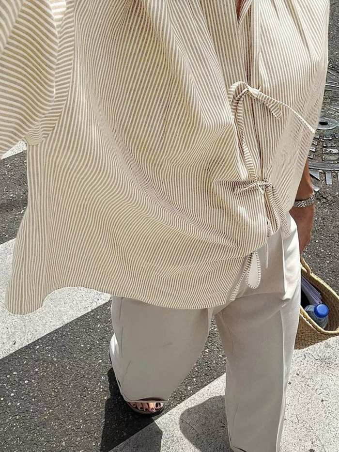 Striped Tie-Front Long Sleeve Shirt
