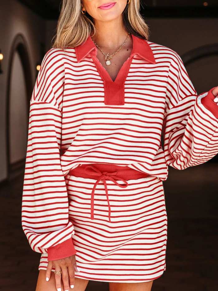 Stripe Collared V Neck Drop Shoulder Pullover and Skort 2pcs Outfit