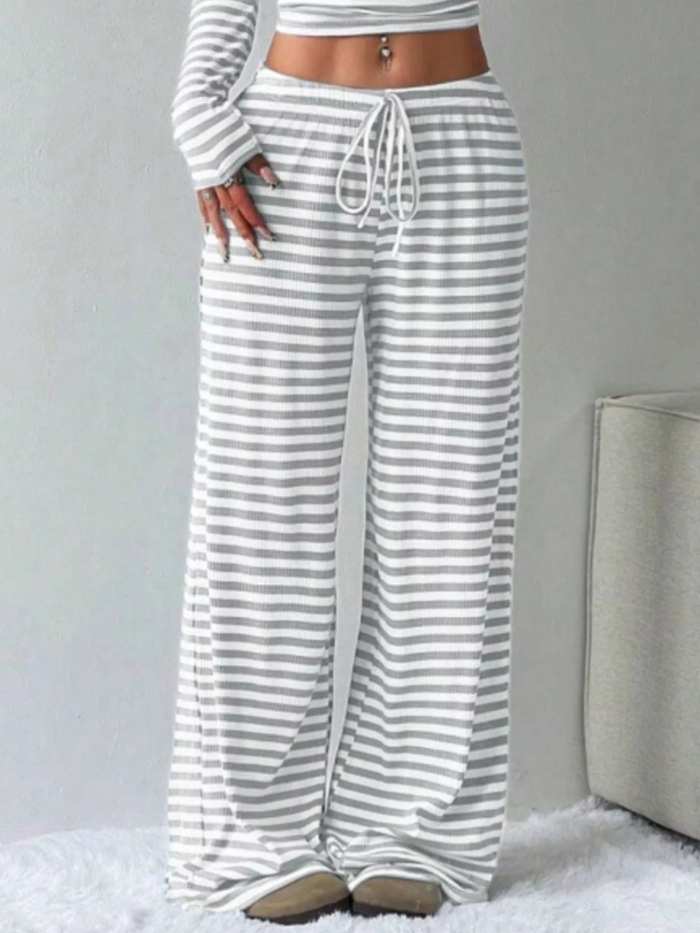 Striped Long Sleeve Crop Top and Wide Leg Pants Set