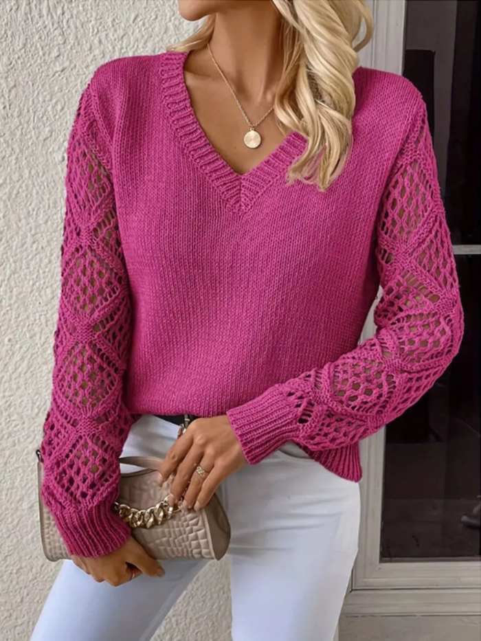 V-Neck Crochet Sleeve Sweater