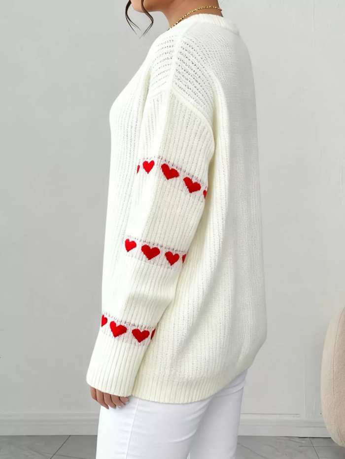Heart Pattern Round Neck Sweater