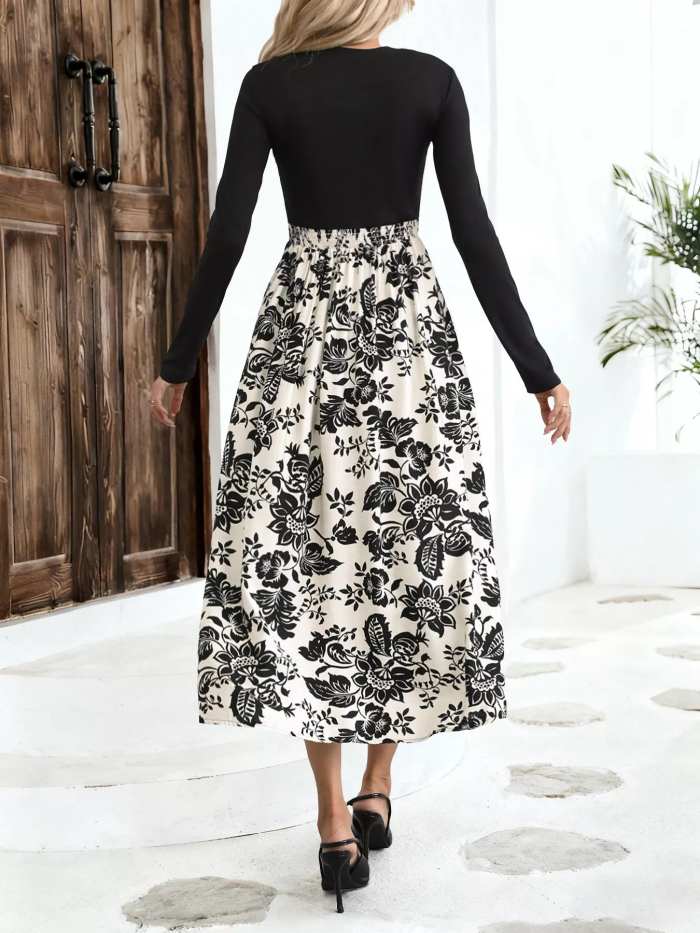 Printed Long Sleeve Midi Dress