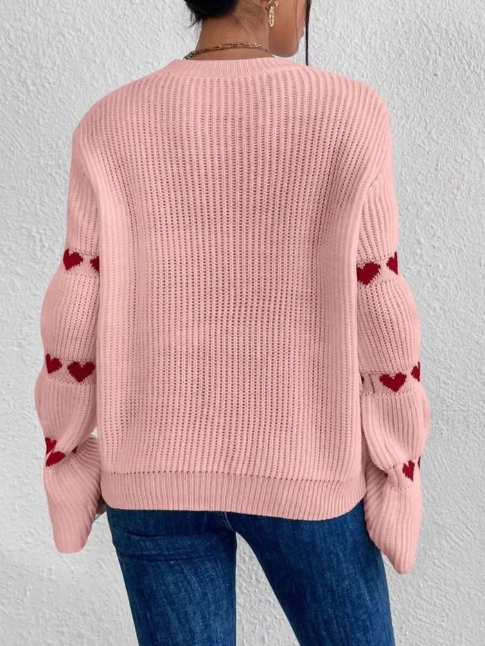 Heart Pattern Round Neck Sweater