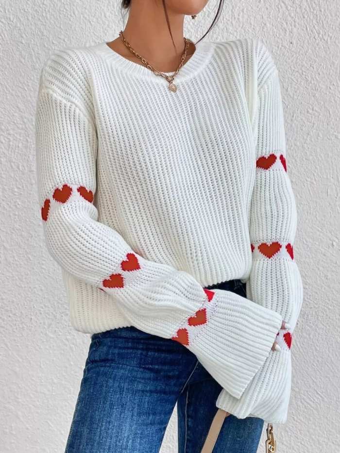 Heart Pattern Round Neck Sweater