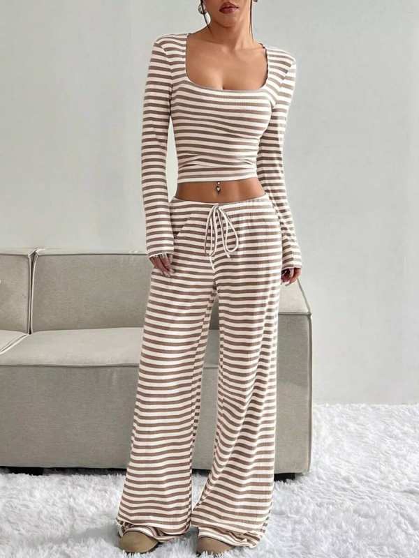 Striped Long Sleeve Crop Top and Wide Leg Pants Set
