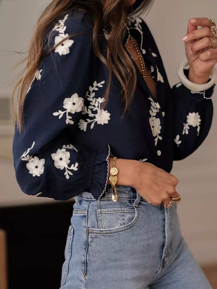 Floral Embroidered Long Sleeve Shirt