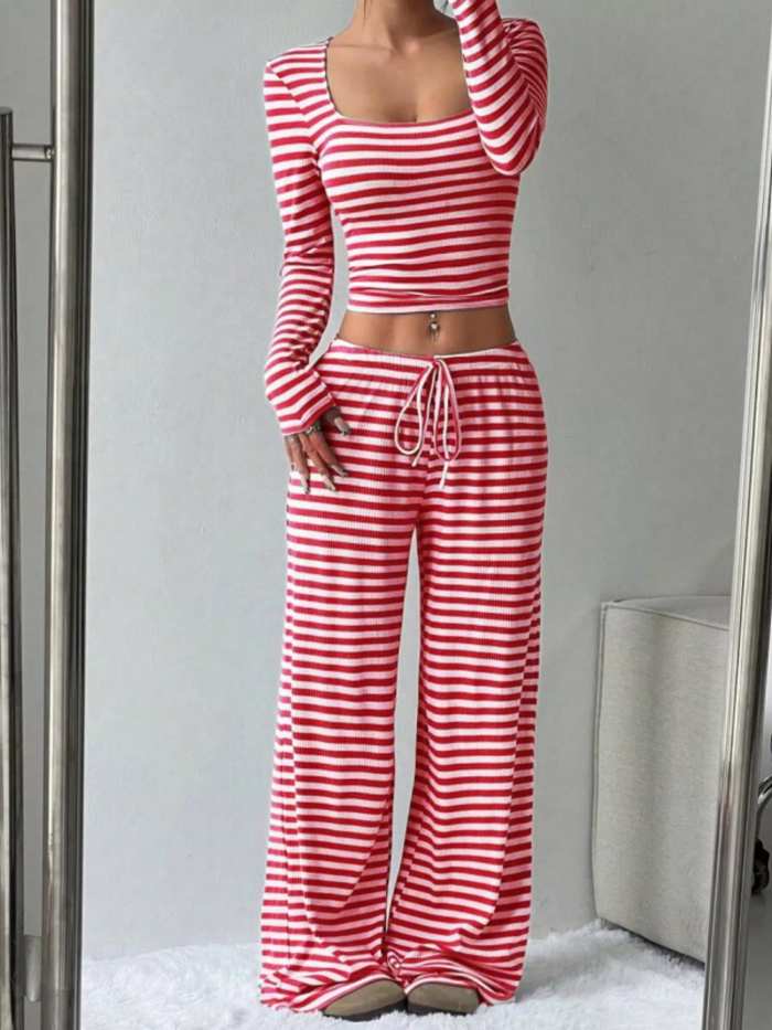 Striped Long Sleeve Crop Top and Wide Leg Pants Set